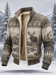 Herren-Winterjacke aus Composite-Fleece mit Elch-Print, lässiger Stil