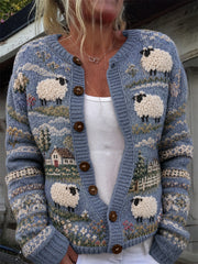 Frauen Vintage Sheep Farm Landschaft Isle Print Strickjacke im Stil