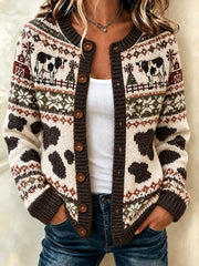 Lässige Strickjacke im Cardigan-Stil mit aufgedrucktem Muster von Bauernkühen für Damen