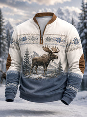 Herren-Winterpullover mit Elchdruck und Reißverschluss, lässig geschnitten