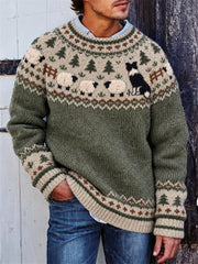 Herren-Vintage-Pullover mit Border Collie und Schafen am Bauernhof, Yoke-Isle-Print