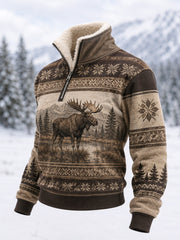 Damen-Winter-Oberteil mit Elchdruck und lässigem Pelzkragen