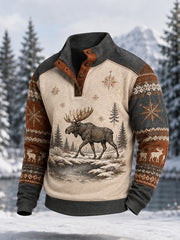 Herren-Winterpullover mit Elchdruck, lässig, mit Knöpfen