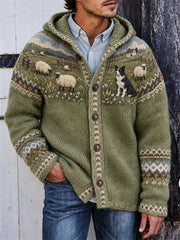 Herren Vintage Farm Border Collie & Sheep Yoke Isle Print Kapuzen strickjacke