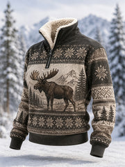 Damen-Winter-Oberteil mit Elchdruck und lässigem Pelzkragen