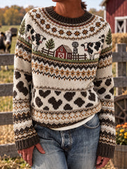Lässiger Langarm-Pullover mit Kuh muster für Damen