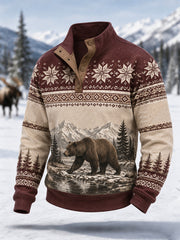 Herren Winter Schnee Bär Print Lässige Knöpfe Pullover