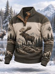 Herren-Winterpullover mit Elchdruck, lässig, mit Knöpfen