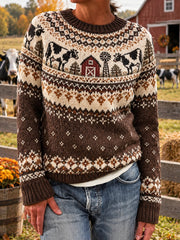Damenpullover mit Rindermuster, lässig, langärmelig