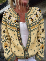 Frauen Vintage Bienen Farm Strickjacke mit Blumen-Isle Print Strickjacke im Stil