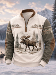 Herren-Winterpullover mit Elchdruck und Reißverschluss, lässig geschnitten