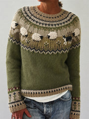 Damen Vintage Farm Border Collie & Sheep Yoke Isle Print Pullover mit Rundhals ausschnitt