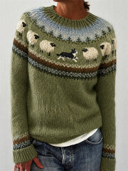 Damen-Vintage-Pullover mit Rundhalsausschnitt, Motiv: Border Collie und Schafe am Bauernhof, Yoke-Optik und Insel-Print