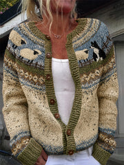 Damen Vintage Farm Border Collie & Sheep Yoke Isle Print Gemütliche Strickjacke