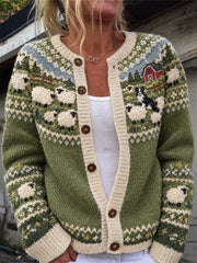 Damen-Vintage-Strickjacke mit Bauernhofmotiv, Border Collie und Schafen, Yoke-Design und gemütlichem Insel-Print