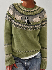 Damen-Vintage-Pullover mit Rundhalsausschnitt, Motiv: Border Collie und Schafe am Bauernhof, Yoke-Optik und Insel-Print