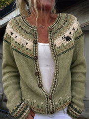 Damen-Vintage-Strickjacke mit Bauernhofmotiv, Border Collie und Schafen, Yoke-Design und gemütlichem Insel-Print