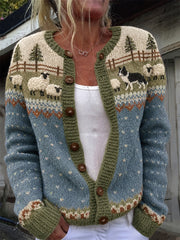 Damen-Vintage-Strickjacke mit Bauernhofmotiv, Border Collie und Schafen, Yoke-Design und gemütlichem Insel-Print