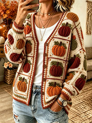 Damen Vintage Herbst Kürbisse Print Gemütliche Strickjacke