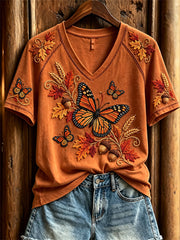Damen Herbst Monarch Schmetterlinge & Pflanzen Print Kurzarm T-Shirt