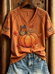 Kurzarm-T-Shirt mit Herbst-Monarch-Schmetterlingen und Kürbis-Print