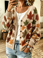 Damen Herbst bunte Blätter drucken gemütliche Strickjacke
