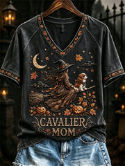 Damen Halloween Herbst Cavalier Mom Hexe & Hund Print Kurzarm T-Shirt