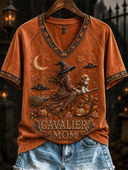 Damen Halloween Herbst Cavalier Mom Hexe & Hund Print Kurzarm T-Shirt