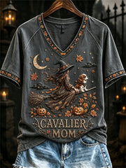Damen Halloween Herbst Cavalier Mom Hexe & Hund Print Kurzarm T-Shirt