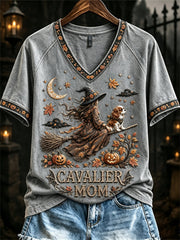 Damen Halloween Herbst Cavalier Mom Hexe & Hund Print Kurzarm T-Shirt