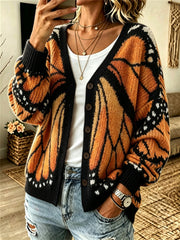 Damen Herbst Monarch Schmetterling Inspirierter Druck Gemütliche Strickjacke