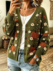 Damen Herbst Kürbisse Blumen druck Gemütliche Strickjacke
