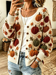 Kuscheliger Herbst-Cardigan für Damen mit Kürbis- und Blumenmuster