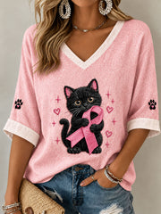 Damen-T-Shirt zu Brustkrebs – Schwarze Katze – Mittellange Ärmel – V-Ausschnitt