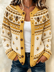 Damen-Strickjacke im Bienenmuster, lässiger Cardigan‑Stil