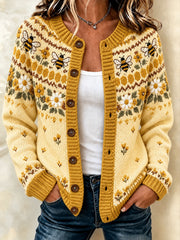 Damen-Strickjacke im Bienenmuster, lässiger Cardigan‑Stil