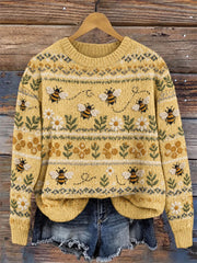 Damen Vintage Fliegende Bienen Gänseblümchen Floral Isle Print Pullover mit Rundhals ausschnitt