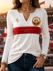 Damen-VfB-Stuttgart-Lässiges Patchwork-T-Shirt mit V-Ausschnitt