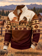 Herren Hoodie mit vier Knöpfen im westlichen Stil mit Pferde druck