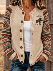 Damen Retro Western bedruckte gemütliche Strickjacke