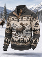 Herren-Winterpullover mit Elchdruck, lässig, mit Knöpfen