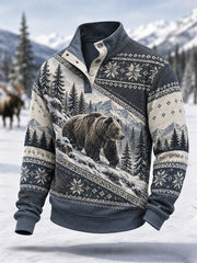 Herren-Winterpullover mit Bärenmotiv und Knöpfen im lässigen Stil