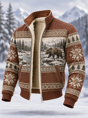 Herren-Winterjacke aus Fleece im Komposit-Stil mit Bärenmotiv