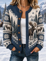 Damen Winter Elch Print Casual Cardigan
