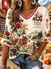 Frauen-Harvest-Festival-Print-Top mit V-Ausschnitt und langen Ärmeln