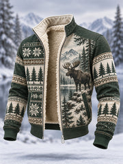 Herren-Winterjacke aus Composite-Fleece mit Elch-Print, lässiger Stil
