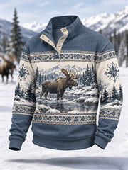 Herren-Winterpullover mit Elchdruck, lässig, mit Knöpfen