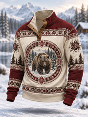 Herren-Winterpullover mit Bärenmotiv und Knöpfen im lässigen Stil