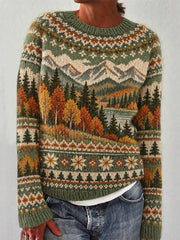 Damenpullover mit Herbstlandschafts-Muster, langärmelig, für Freizeit und Alltag