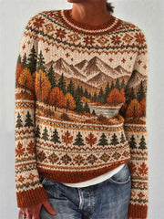 Damenpullover mit Herbstlandschafts-Muster, langärmelig, für Freizeit und Alltag
